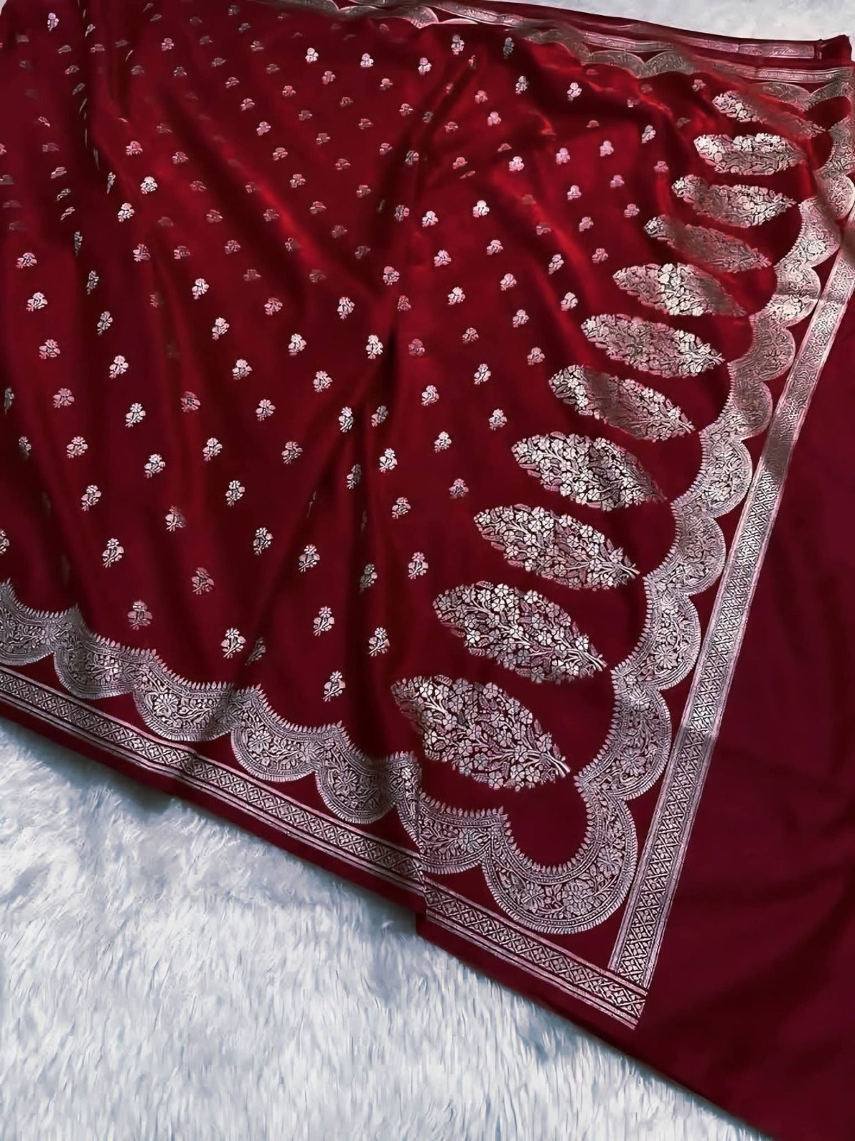 Royal Red Soft Silk Jamdani Saree with Silver Zari Work