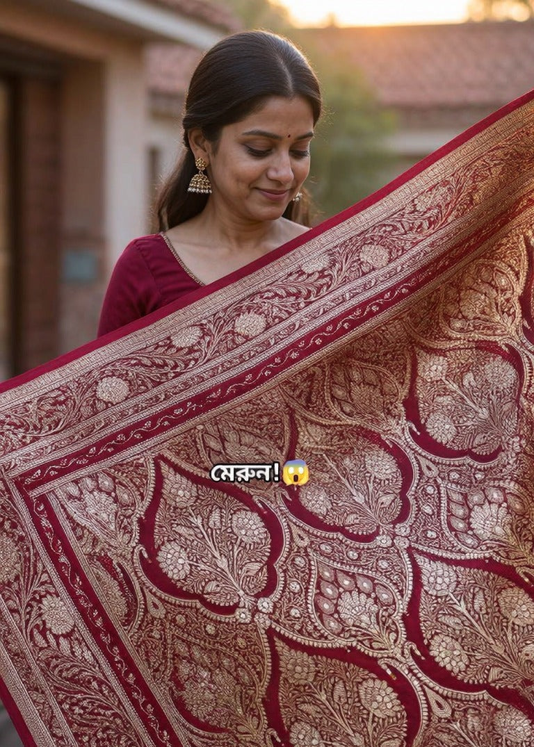 Luxury Pure Japanese Silk Saree – Crimson Maroon