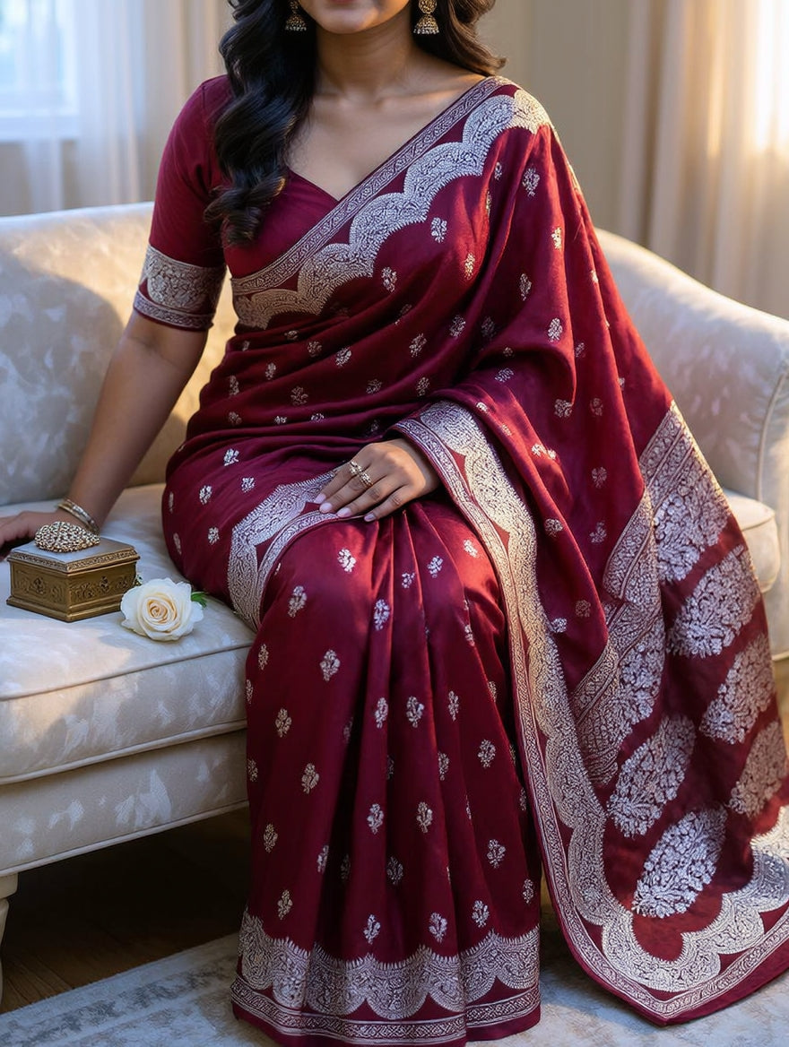 Luxury Pure Japanese Silk Saree – Royal Maroon